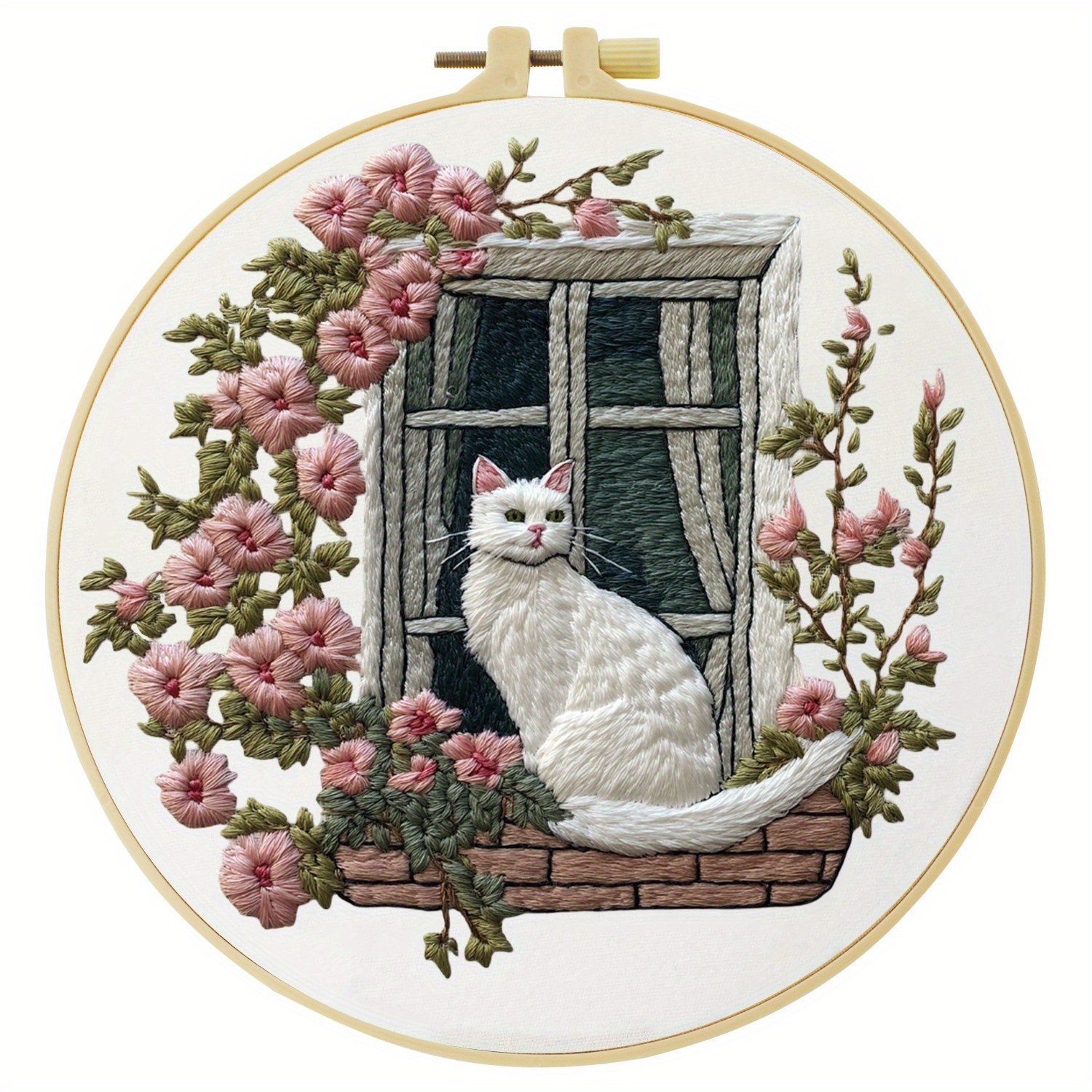 TEMU 1pc Embroidery Kit, 20x20cm/7.9x7.9inch, Cat On The Windowsill, Handmade Diy Embroidery Kit, Suitable For Diy Embroidery Lovers For Adult