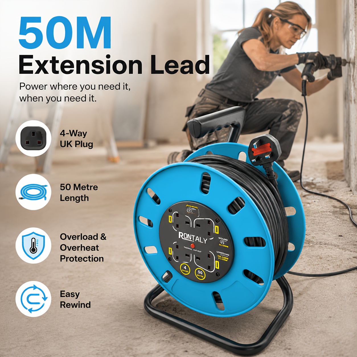 TEMU 50m Extension Reel 3g1.5mm With 10a Uk Plug Sockets, Heavy Duty Cable Drum, Thermal Cut-out Safety Protection, Easy Handle, Ideal For