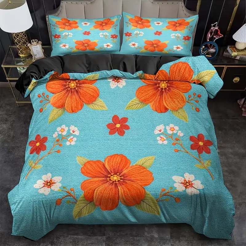 3-teiliges Bettwäsche-Set, tropischer Vitalitäts-Stil mit handgemaltem Orangenblüten- grünem Blattmuster, 2D-flacher -Digitaldruck-Bettbezug-Set (ohne Füllung), weicher bequemer Stoff * für