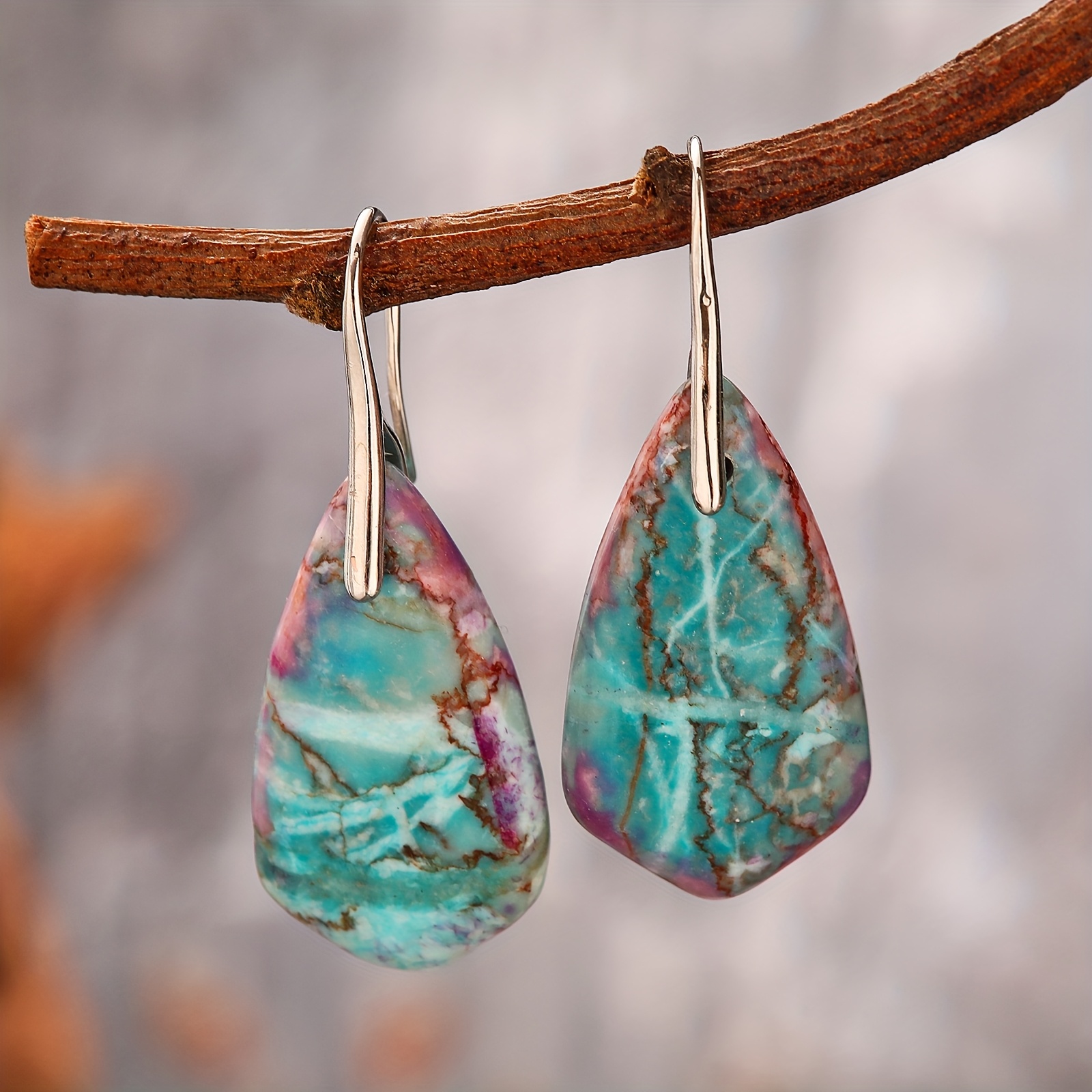 Women's Elegant Bohemian Pendant Earrings, Natural Imperial Stone