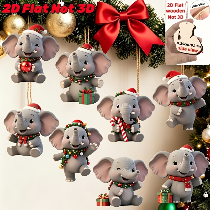 TEMU 2d Flat - 8pcs Set Of Cute Christmas Different Christmas Attire Elephant Wooden Ornaments - 2d Flat, Not 3d | , Manufactured Wood | Suitable For