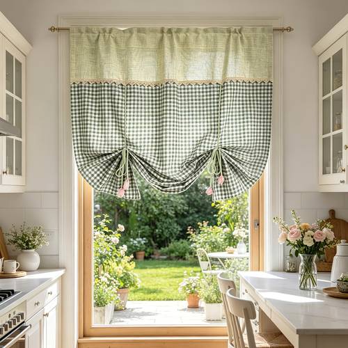 item picture 1pc green white red white checkered curtain tulip ribbon decor adjustable height suitable for kitchen cabinet door entrance living room bedroom study etc top rod