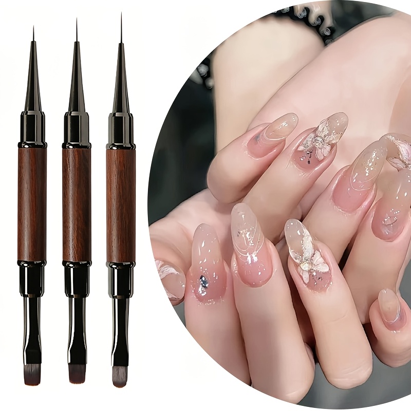 TEMU Set de 3 pinceles para decoración de uñas, disponibles en estilos de un solo y de , mango de madera, pinceles para delineado y gel para ombre,
