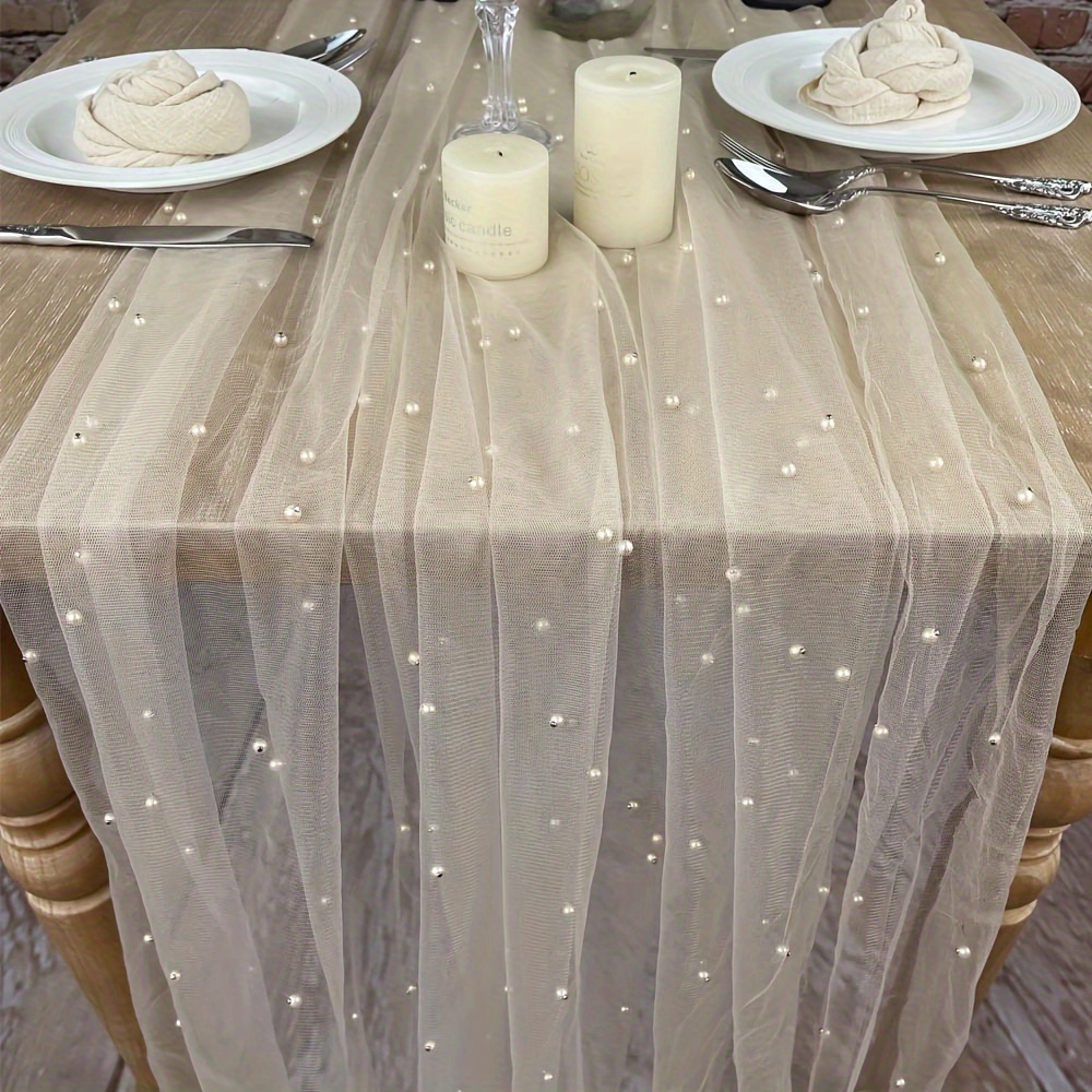

1pc Table Runner, Wedding Veil Beaded Pearl Lace Fabrics Table Decorations, Soft Tulle Tablecloth, For Wedding, Party And Holiday Decor, Table Decor, Home Supplies