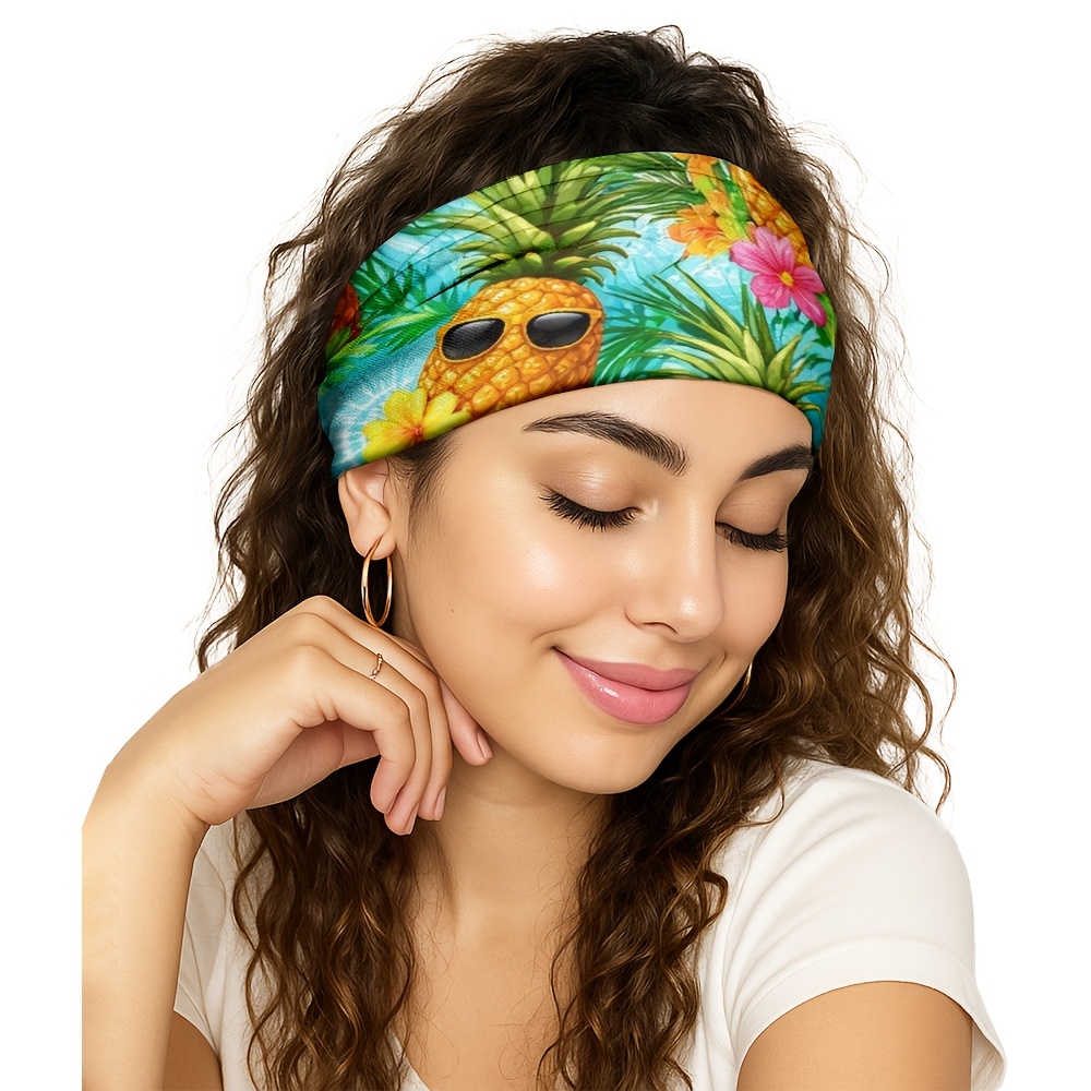 item picture 1pc womens wide headband featuring a   and   stretchy thick and elastic for workouts running gym and casual use with a vibrant hawaiian summer pattern anti slip fit and bohemian hair accessory