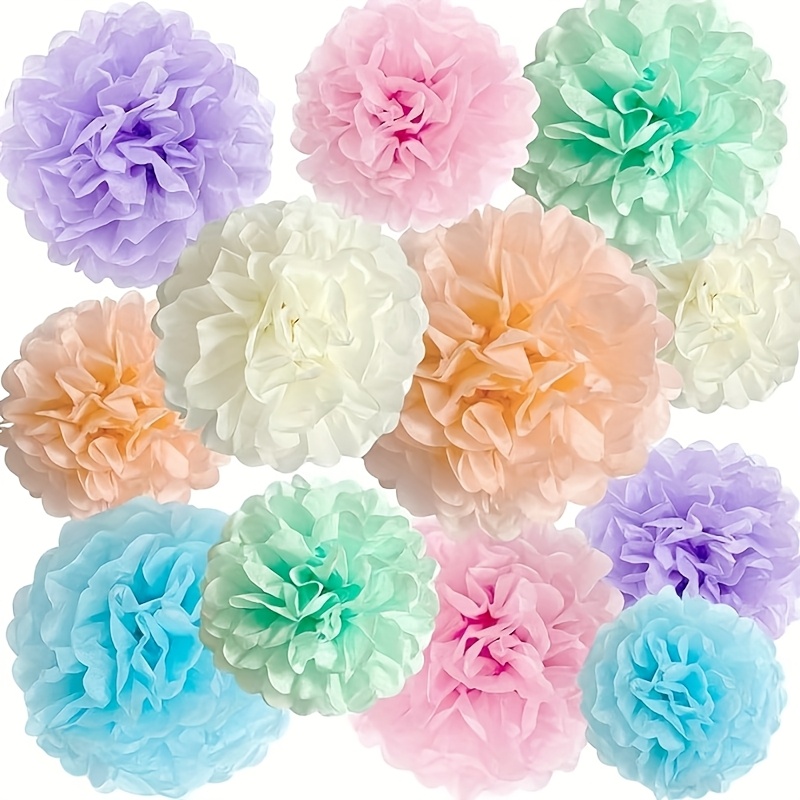 

12 Paper Flower Party Decorations, Easter Macaron Paper Flower Pom-poms For Hanging Decor, Birthday Party Table Decorations.