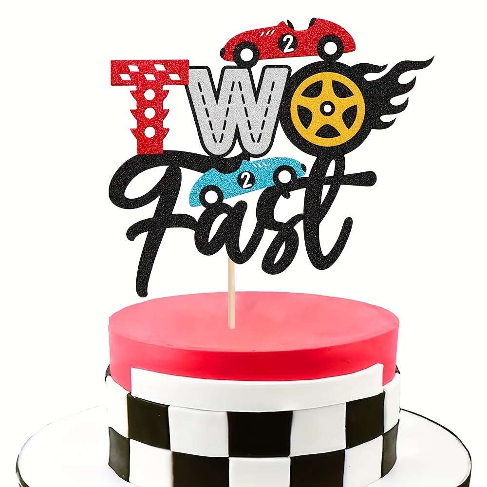 Image of 1pc 2 Fast Cake Topper Traffic Light Racing Car Wheel Themed Happy Birthday Party Supply For 2nd Second 2 Birthday Cake Glitter Decoration