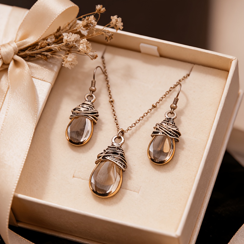 TEMU 3pcs Vintage Coffee Lantern Water Drop Jewelry Set, Earrings And Necklace For Women