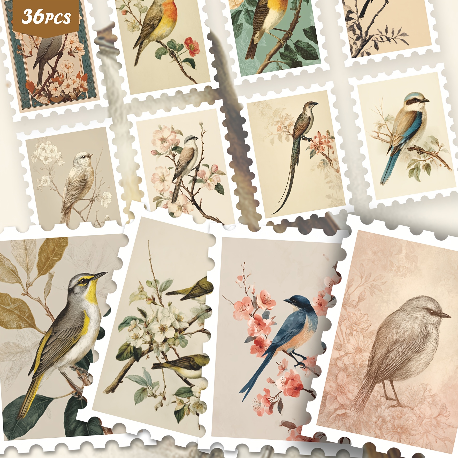 TEMU 36 autocollants vintage pour journaux, scrapbooking, agendas et décoration - Découpes rétro d'oiseaux et de fleurs avec , branches, fleurs,