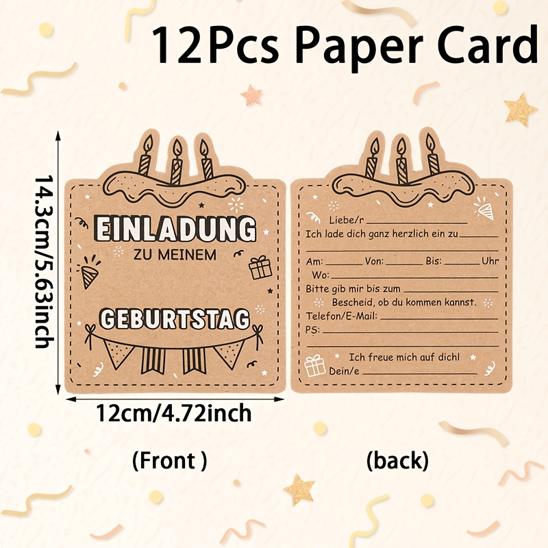 E-shop Set mit 12 Geburtstags-Einladungen aus Kraftpapier, ideal für 'S Feiern, zum Einladen von Freunden und Familie