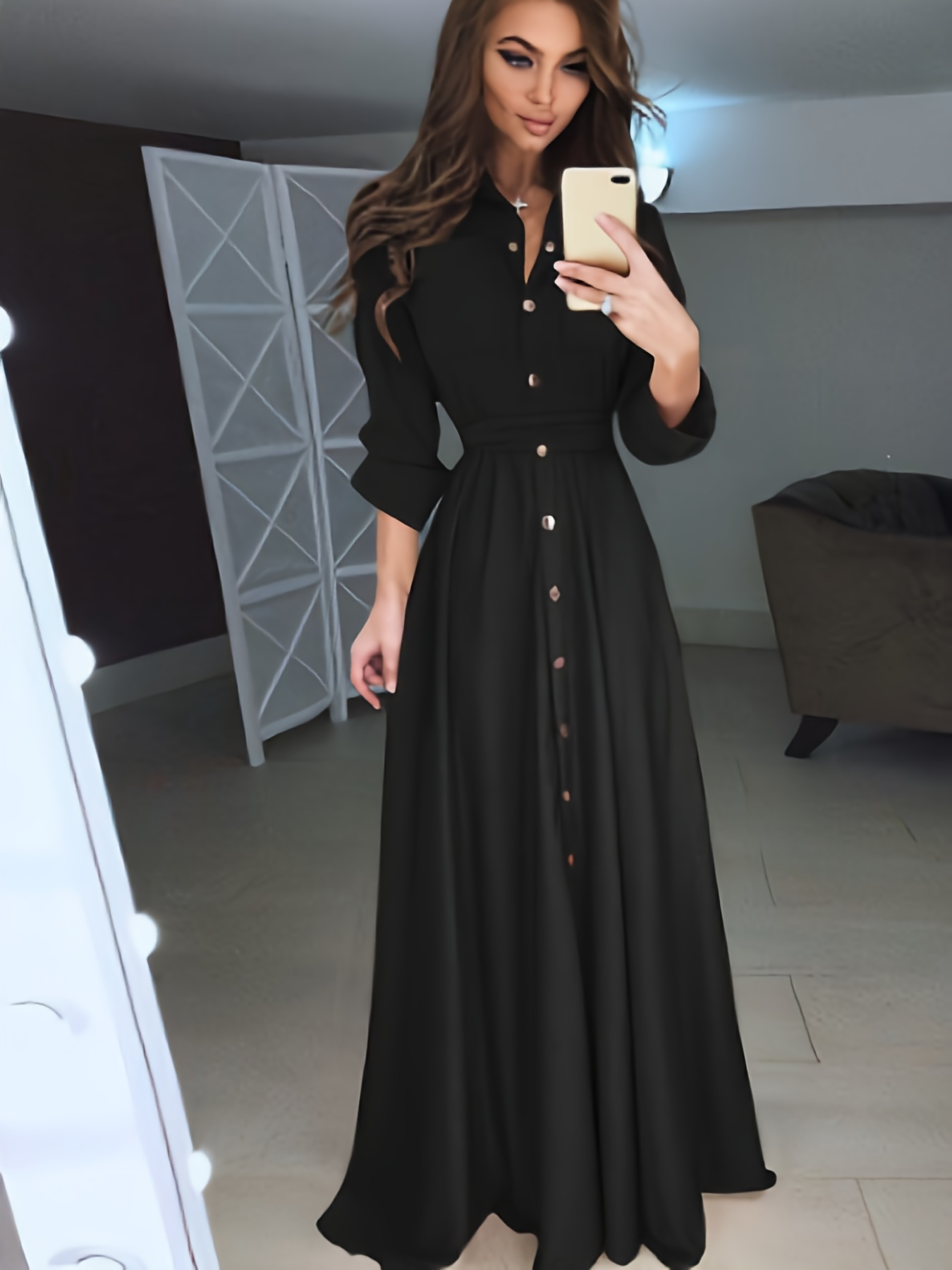 Women'S Casual Shirt Dress Long Sleeve Solid Color Draped Maxi Dresses  Ladies' * Fit Flare Dress