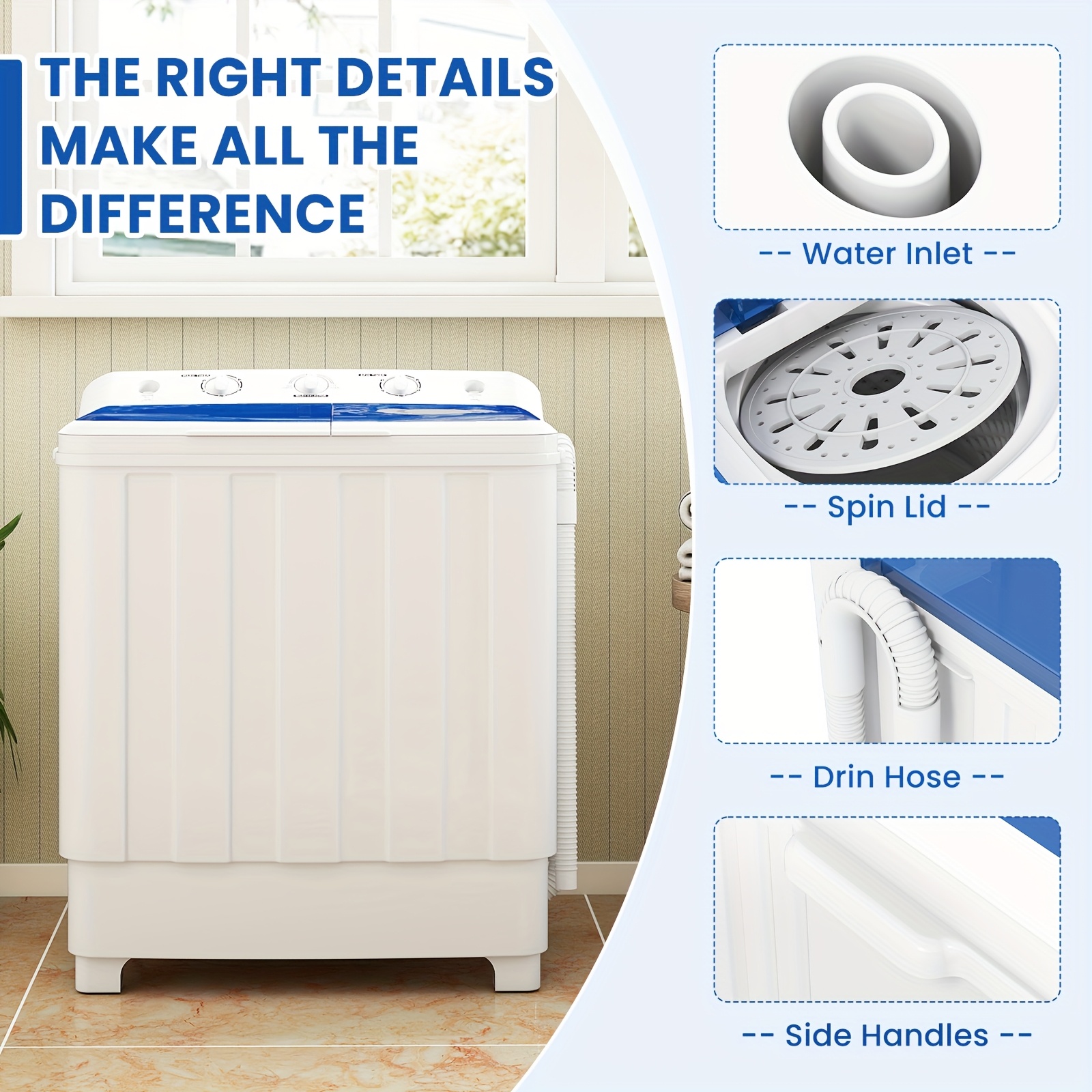 30Lbs Portable Washing Machine, Semi-automatic Compact Twin Tub Laundry Washer with Built-in Drain Pump, Time Control, 20Lbs Washer And 10Lbs Spin Dryer Combo for Apartments, Dorms, RVs