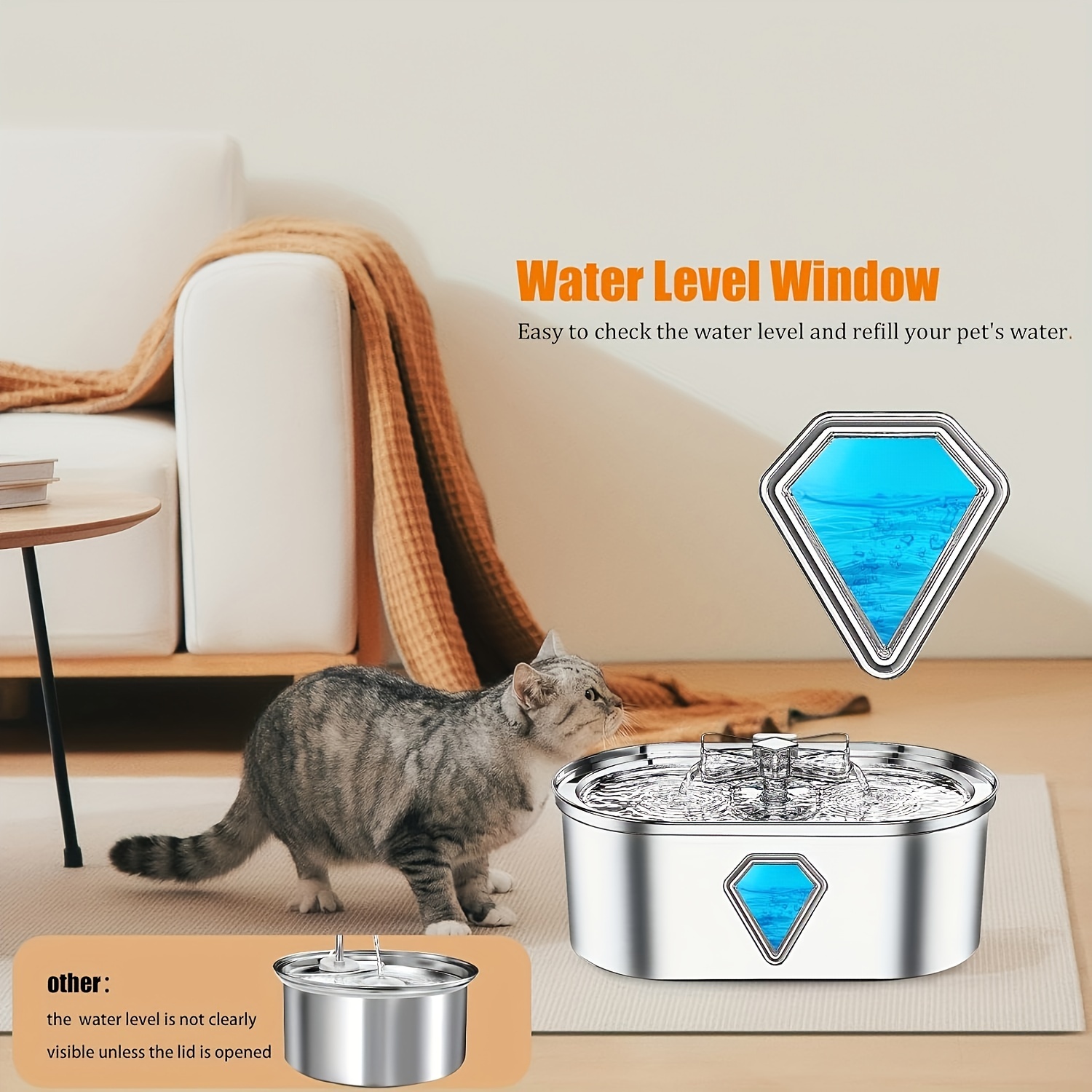 

3.5l Stainless Steel Automatic Cat Water Fountain With Viewing Window - Usb Powered, Easy-level Indicator, Ideal For Cats, No Battery Required