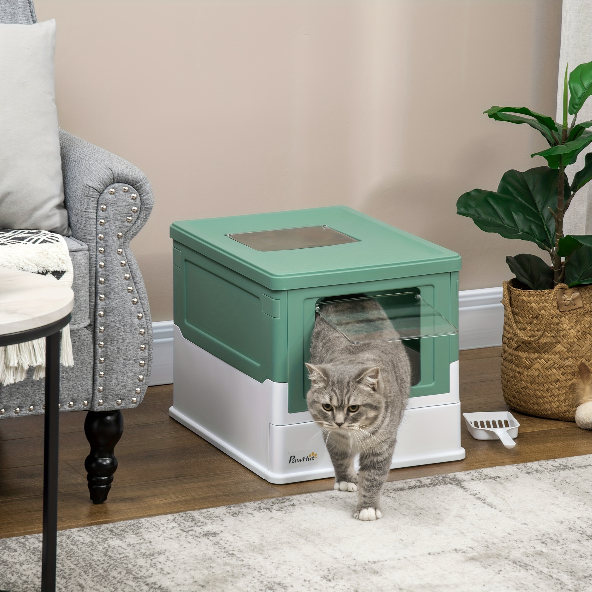 

Pawhut Fully Enclosed Cat Litter Box With Scoop, Hooded Cat Litter House With Drawer Type Tray, Foldable Smell Proof Cat Potty With Front Entry, Top Exit, Portable Pet Toilet With Large Space