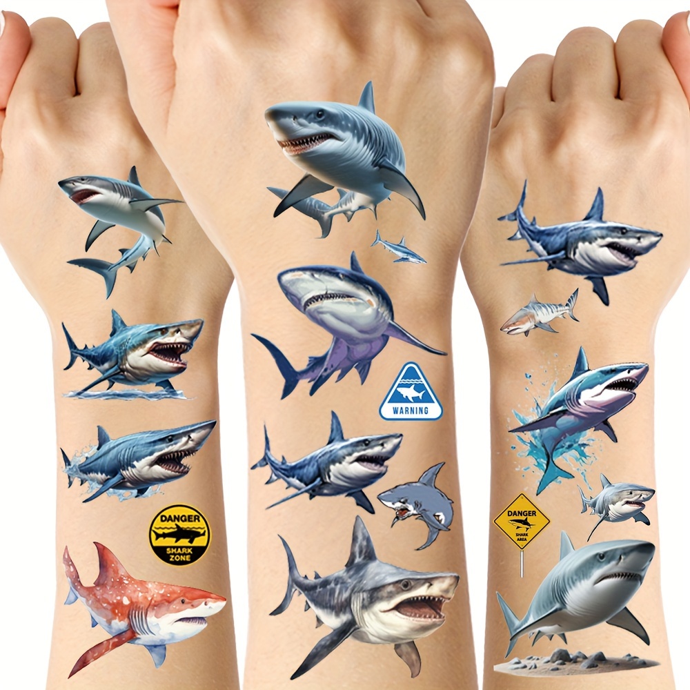 Image of 10pcs Shark Tattoo Stickers, Shark-themed Temporary Tattoos For Party Decorations And Birthday Gifts