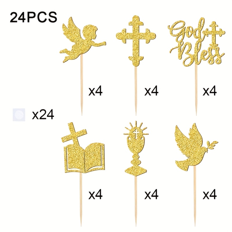 24pcs Cake Toppers, Sparkling Designs For Baptism Celebrations, , , , Bible, Cross Cake For Baptism, Birthday Party Decoration, Holiday Cake Decoration Supplies