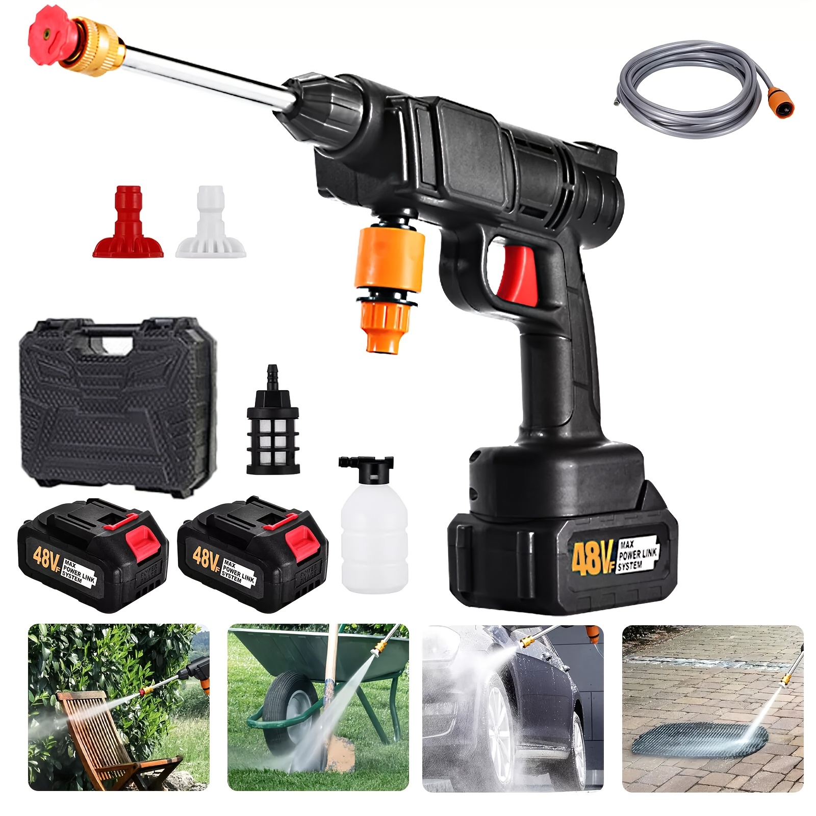 TEMU 48vf Cordless High-pressure Car Washer Gun- Portable Rechargeable Electric Cleaning Tool With 435psi Water Gun, Foam Cannon, 2 Batteries 5000mah