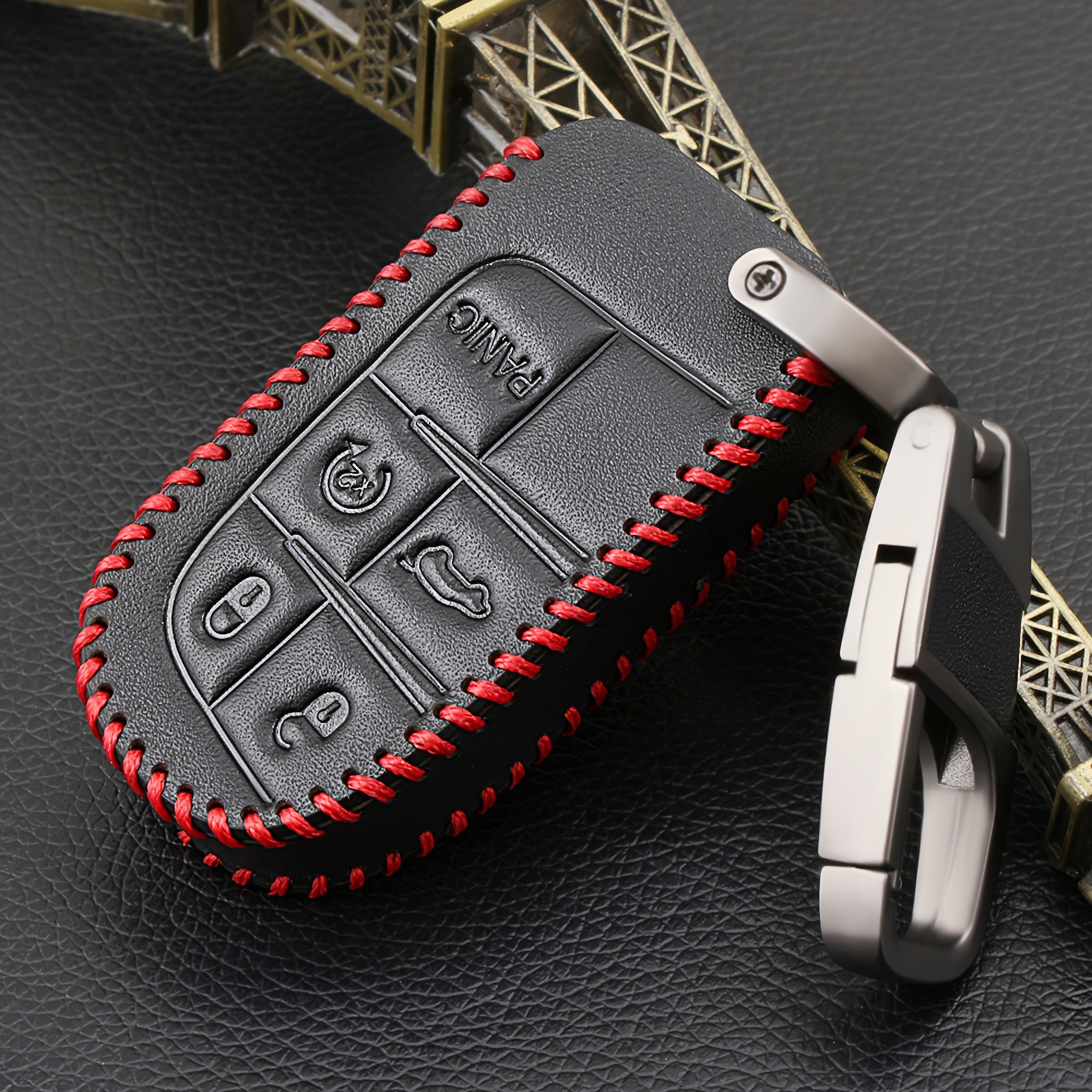 TEMU Xukey Car Key Case, Car Key Protector For Grand Cherokee For For Fiat 500x For Durango, 5 Buttons Car Key Cover, Red Line Anti-wear Protective Shell