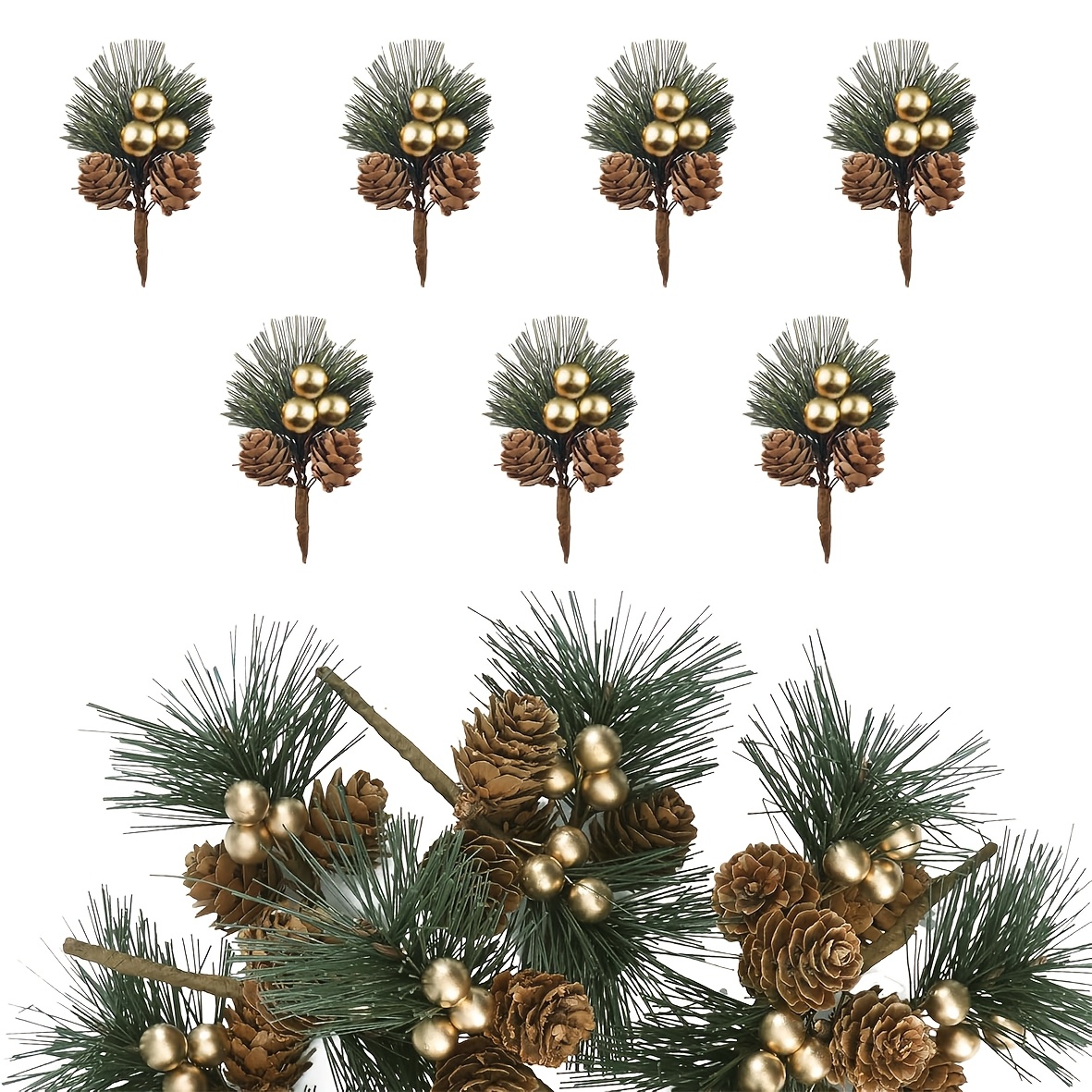 Image of Set Of 7 Artificial Pine Needles With Berries, Pine Branches, And Pine Stems Featuring Pine Cones, Perfect For Christmas Tree Wreaths, Crafts, And Holiday Decorations