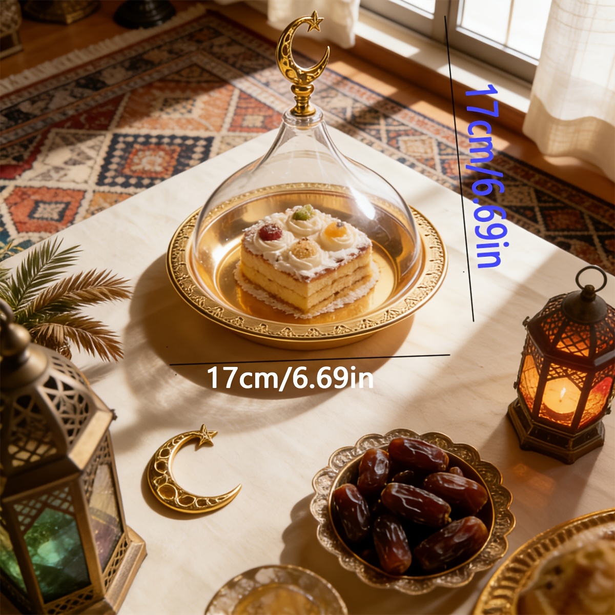 Transparent Elegant Iron Cake and Dessert Plate with Acrylic Lid 1pc Round, Food-Safe, Ideal for Ramadan and Eid al-Adha Celebrations, Perfect for Serving Desserts and Cakes, Dessert Serving Plate | Elegant Tableware | Acrylic Lid Feature