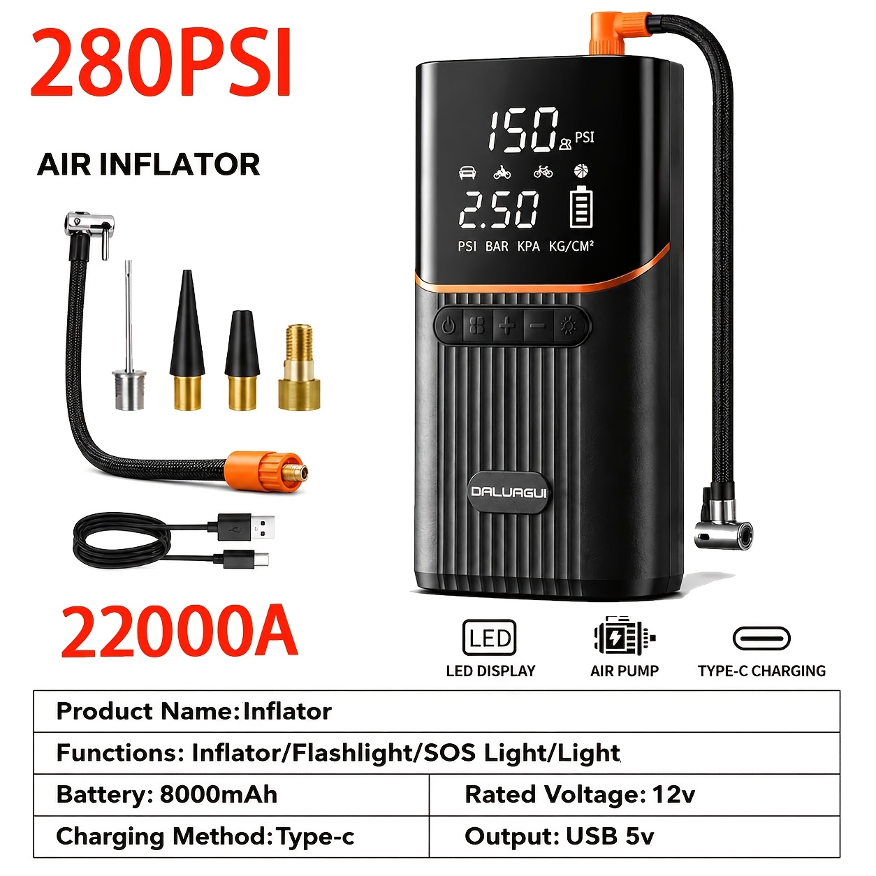 TEMU 22000a 7-in-1 Emergency Jump Starter With Air Pump, Portable Car Battery Booster, Digital Tire Inflator, Portable Vehicle Battery Charger,