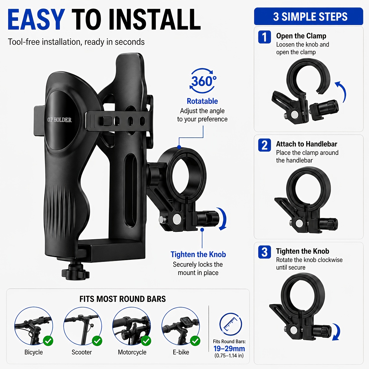 universal bicycle cup holder motorcycle cup holder handlebar cup holder and bicycle water bottle holder featuring an adjustable water bottle holder with silicone straps and a knob Product details 7