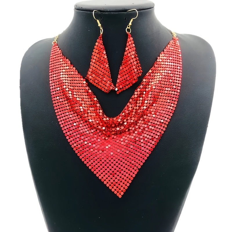 Sequinned Silky Scarf & Necklace Earrings Set