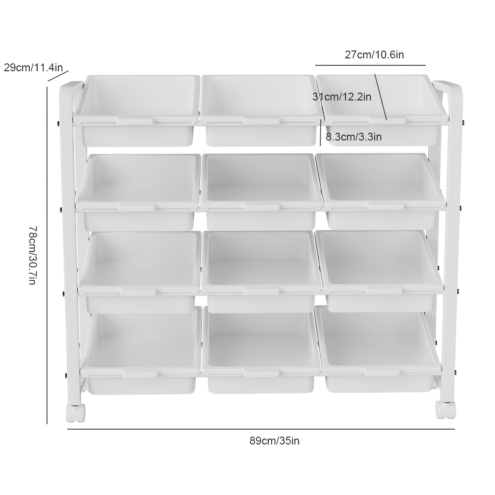 TEMU 89x29x78cm 4-tier Rolling Storage Cart With 12 Bins, Mobile Plastic Organizer Cart With Wheels, Multi-use Storage Trolley For Kitchen, Bedroom,