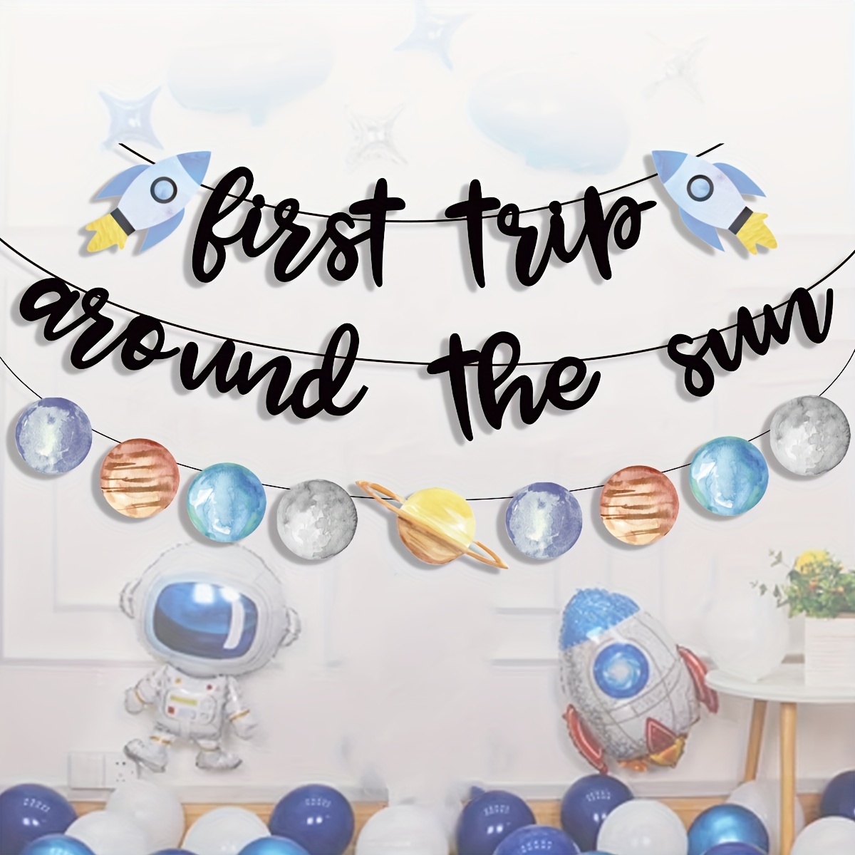 

2 Sets Space Theme Birthday Party Decorations, Astronaut & Garland Banner, "first Trip Around " Celebration Kit For Home Decor, Paper Outer Space Party Supplies For All 14+