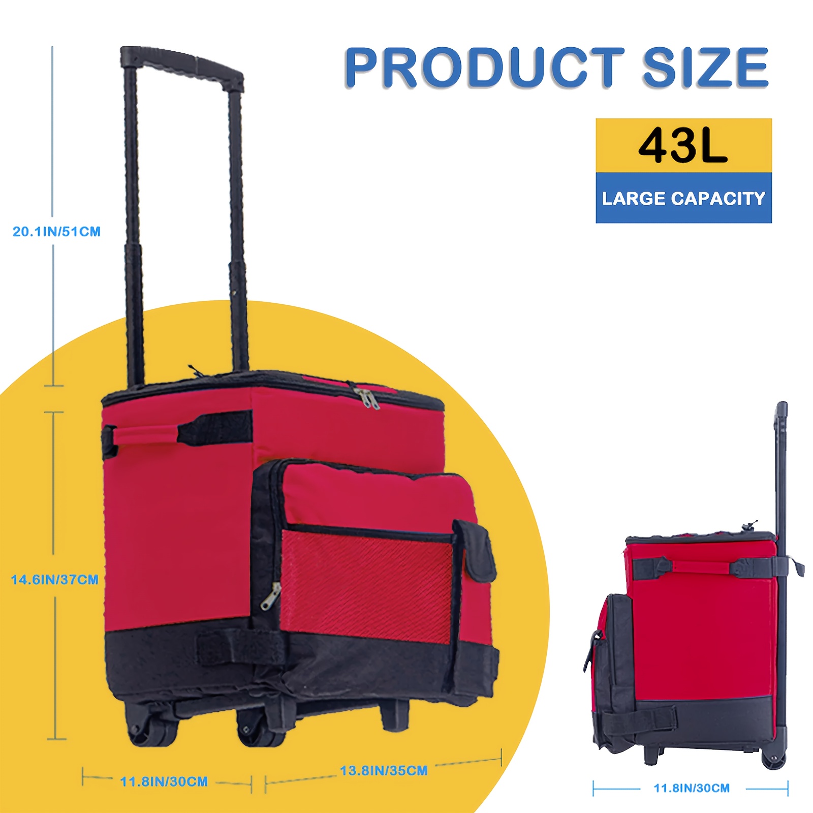 11.36gal Large Heavy-Duty Leakproof Insulated Cooler with All-Terrain Wheels - Extra Wide Opening, Side Pockets - Heavy-Duty Construction for Camping, Beach, Tailgating, Parties - Ideal Gift for Dad, Father's Day, Outdoor Adventures, Party Supplies, Sturdy Handle, Durable Build, Rolling Cart, Party Hosts
