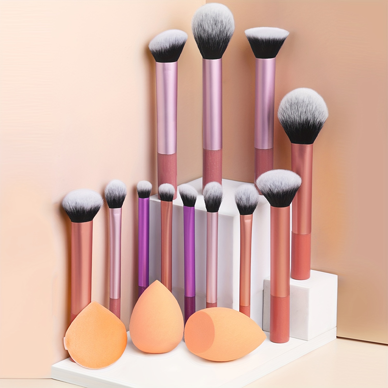 TEMU 12-piece Professional Makeup Brush Set With Nylon Bristles, Palm Brushes & 2 Sponges (angled & Teardrop) + 1 Powder Puff, Types, Unscented Abs Plastic Handle Makeup Tools Kit