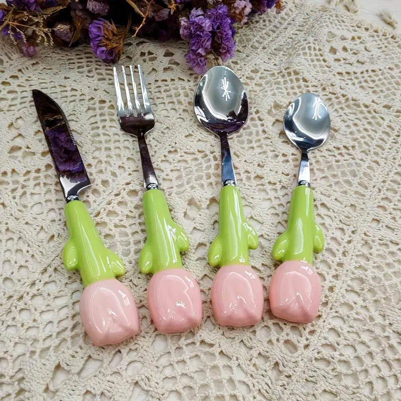 24pcs unique ceramic handle steak knife dessert spoon fork and spoon tableware set tools and accessories including knife fork and spoon very cute suitable for daily family dining birthday parties and festival parties Product details 3