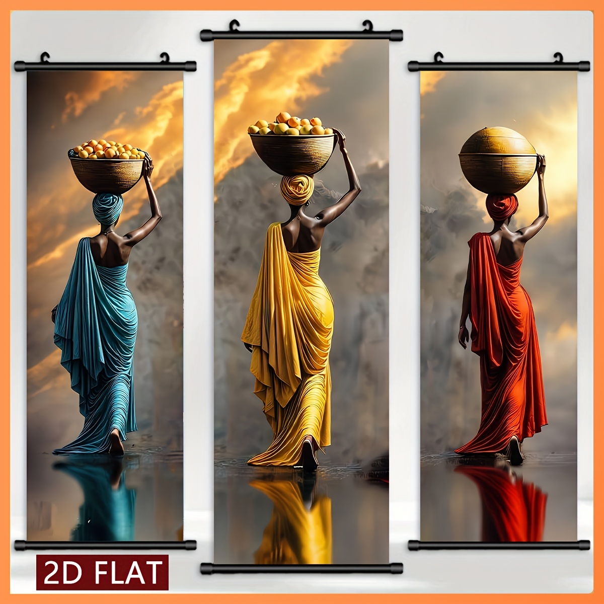 TEMU 2d Flat, 2d Flat, 2d Flat A Vibrant 3pcs Set Of Canvas Art Scrolls Featuring African Women In A 2d/, Colorful Wall Hanging Posters Suitable For
