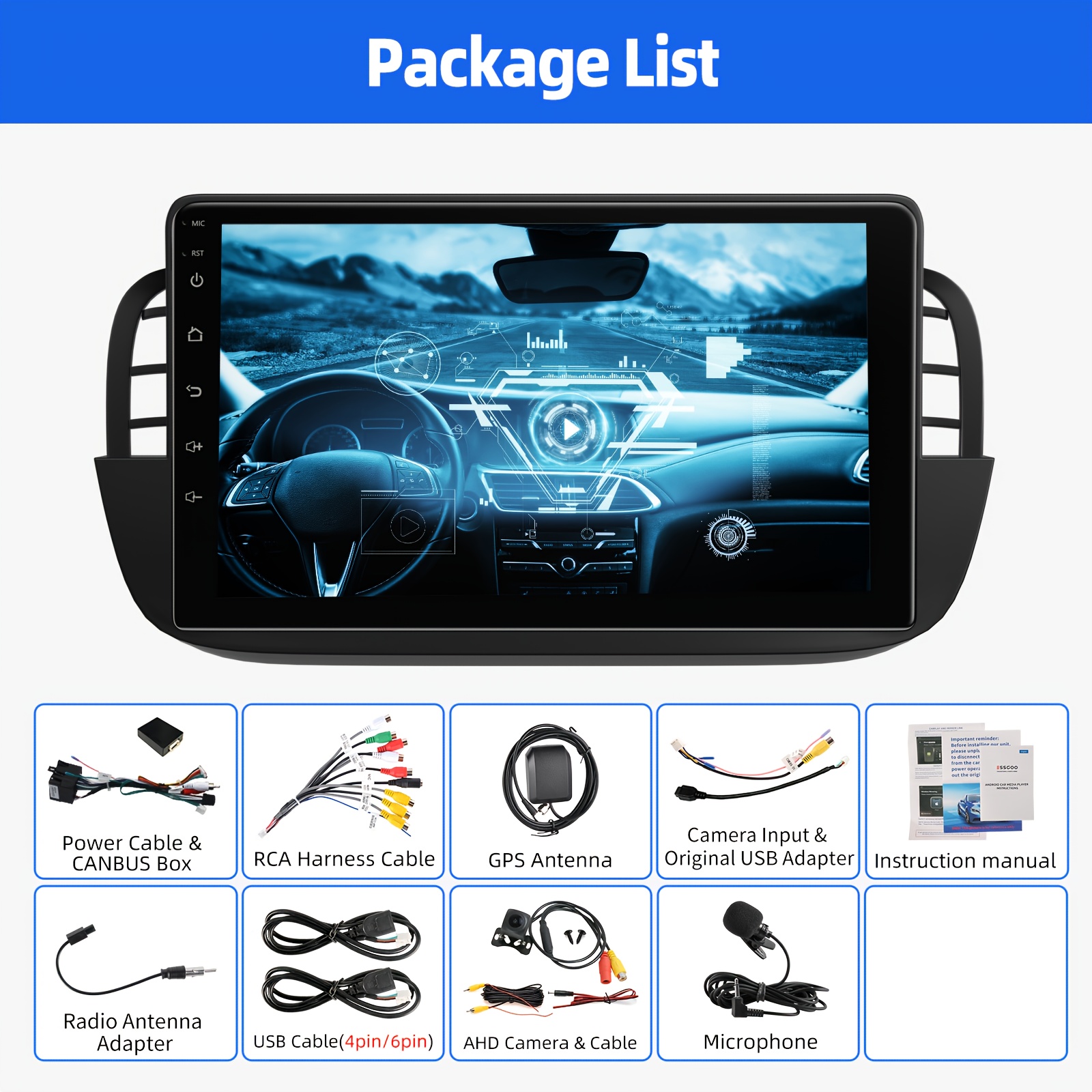 TEMU ESSGOO Autoradio 14 da 9'' progettata per Fiat 500 dal 2007 al 2015, con 4GB di memoria e 64GB di archiviazione, Carplay Wireless, Auto, Wifi,