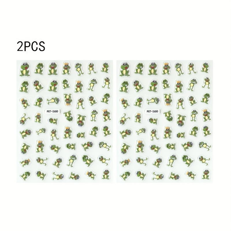 Image of 2pcs Cartoon Frog Nail Art Stickers Self-adhesive Shiny Nail Decoration Green And Cute Cartoon Cartoon Theme Irregular Shape Suitable For Women To Use For Diy Nail Salon Products