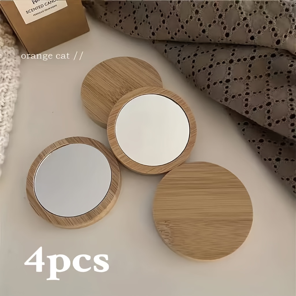 Image of Set Of 4 Portable Wooden Mirrors For Travel - Compact Round Handheld Beauty Mirror, Ideal For Any Season