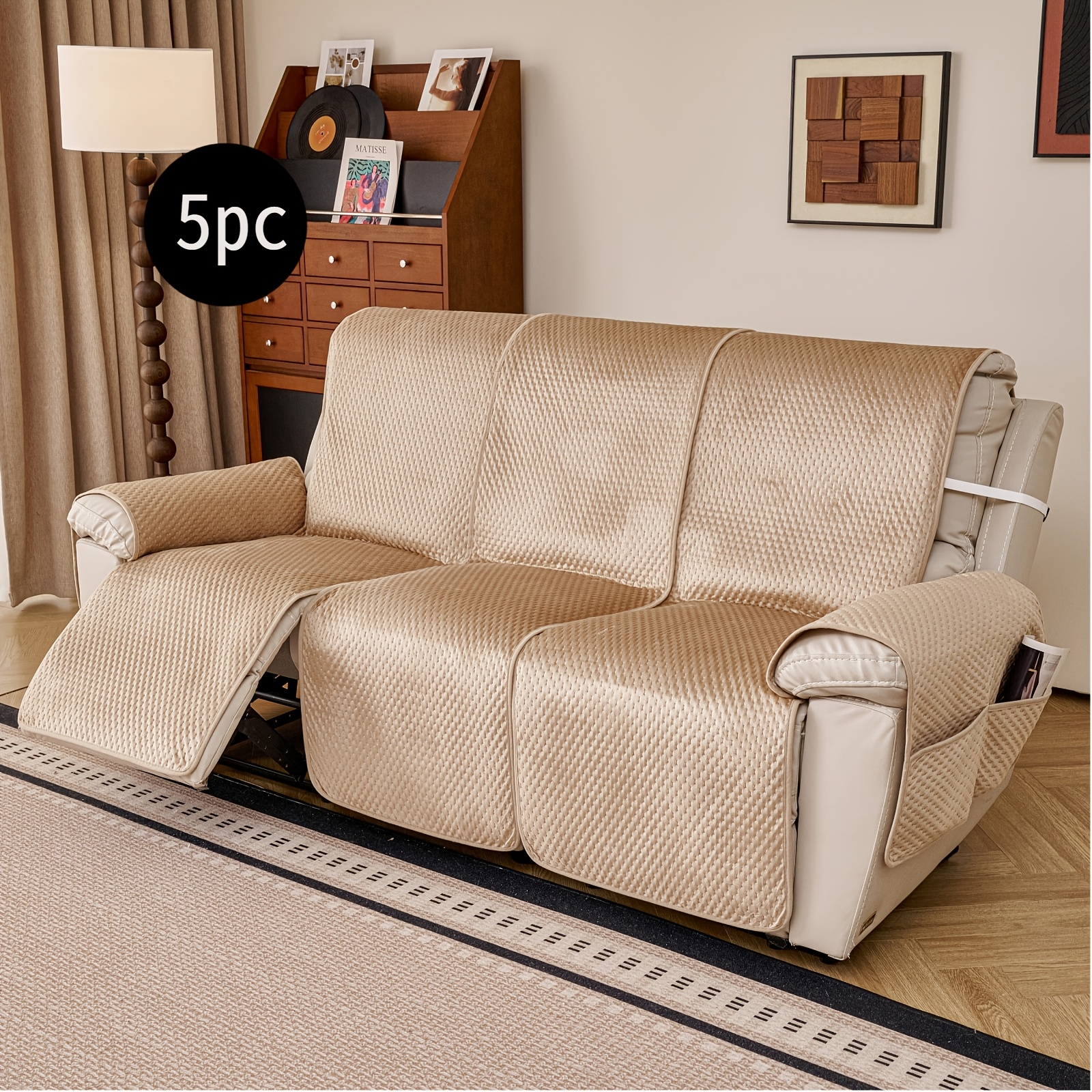 TEMU 3pcs/4pcs/5pcs Plush Quilted Sofa Covers, Non-slip And Wear-resistant Machine Washable, Side Armrest Storage Design, Suitable For Living Room