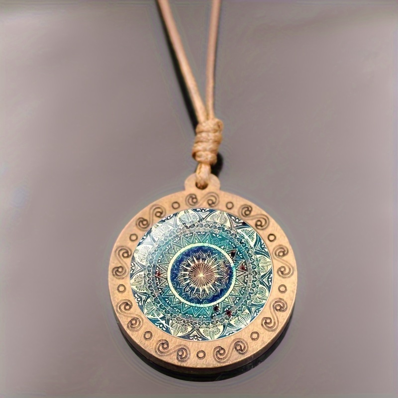 Mandala Flower Time Gem Glass Wooden Pendant Wax Cord Necklace For Women, European And Necklace