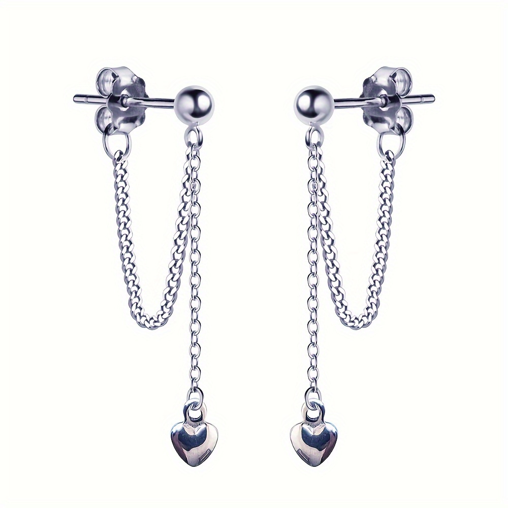 Image of A Pair Of Exquisite Mini Solid Heart-shaped Pendant Earrings Made Of Full Stainless Steel, With Front And , And Hypoallergenic Pin-style Fasteners