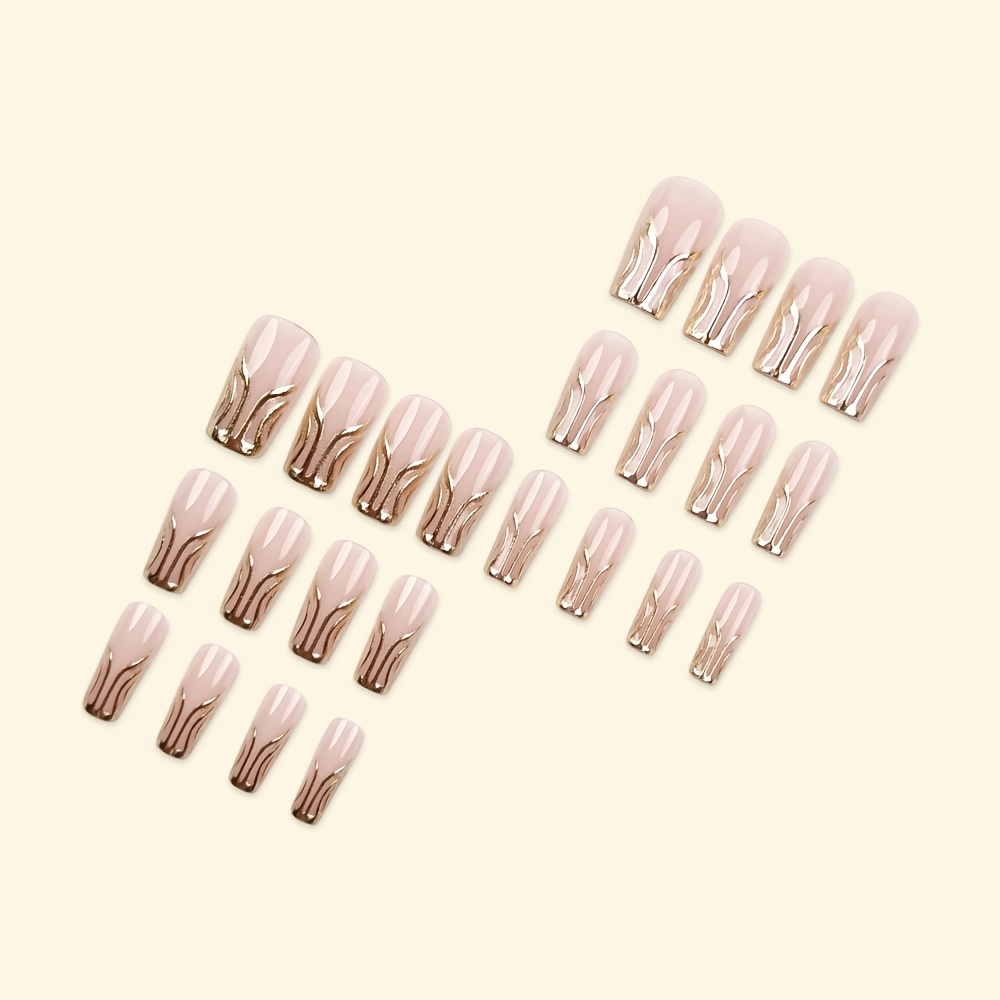 24 pç Unhas de Pressão Artesanais para Mulheres - Curva C Média, Listas Onduladas Cor-de-Rosa  2