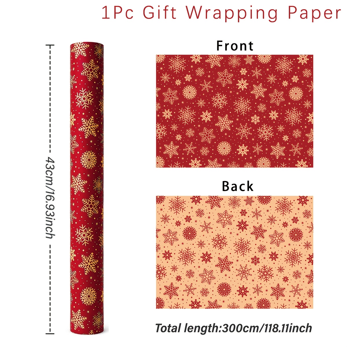 TEMU 1 pièce, Papier d'emballage cadeau, Papier d'emballage de Noël à motif de de neige rouges et dorés, 42*300cm, Décor de Noël élégant imprimé ,