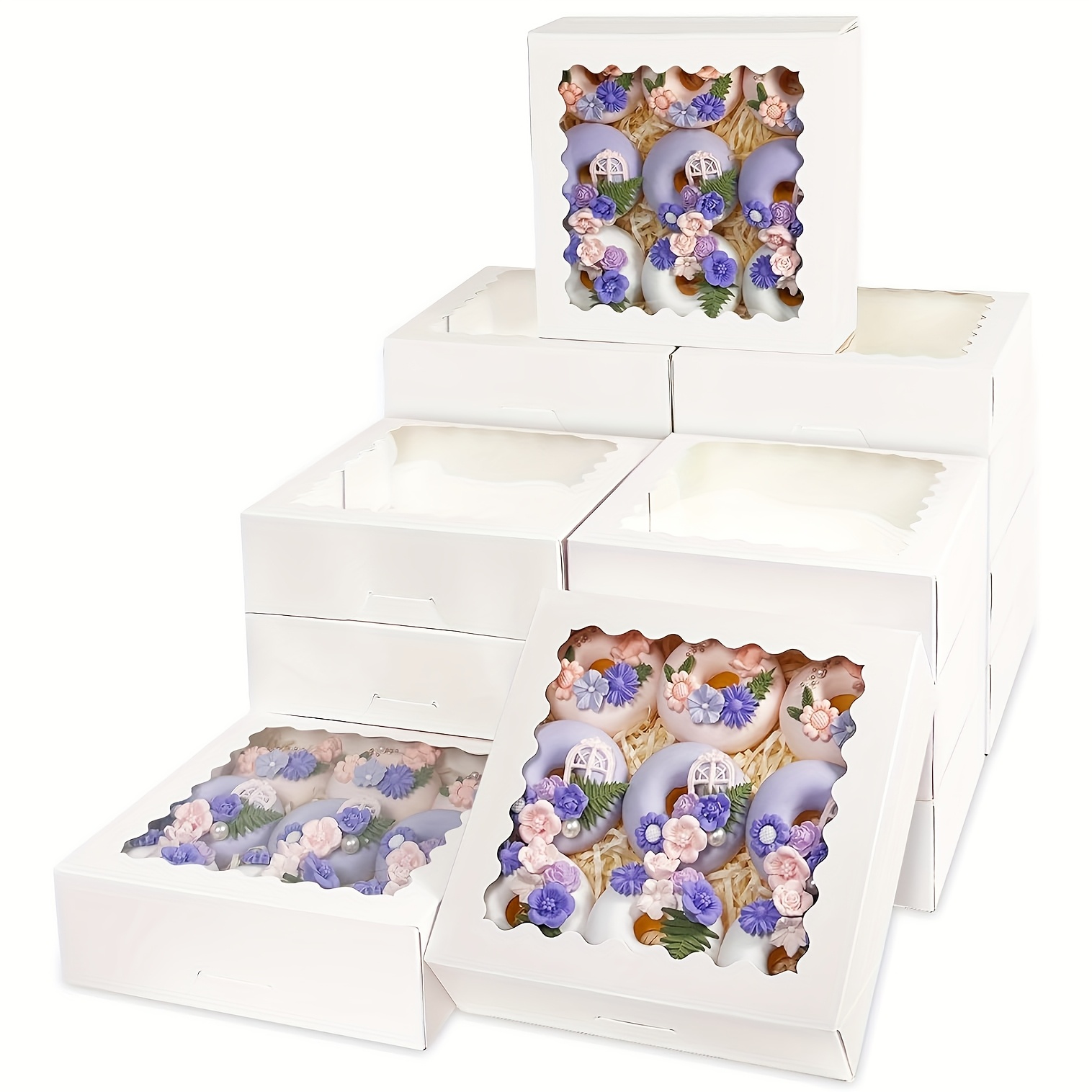 Image of 30pcs Of White And Brown Bakery Boxes Measuring 9 X 9 X 2.5 Inches, Suitable For Cakes, , Pies, Pastries, Heart-shaped Treats, Strawberries, And Muffins, Featuring Windows