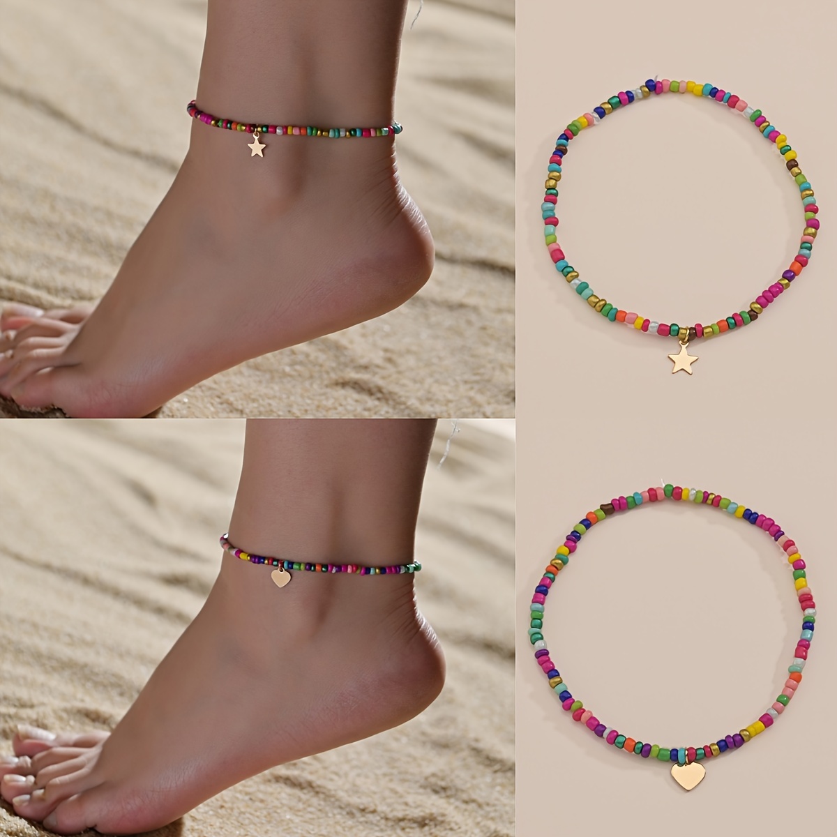 

Bohemian Style Colorful Seed Bead Anklet With Heart & Star Charms For Women, Beach Vacation Accessory, Adjustable Summer Ankle Bracelet
