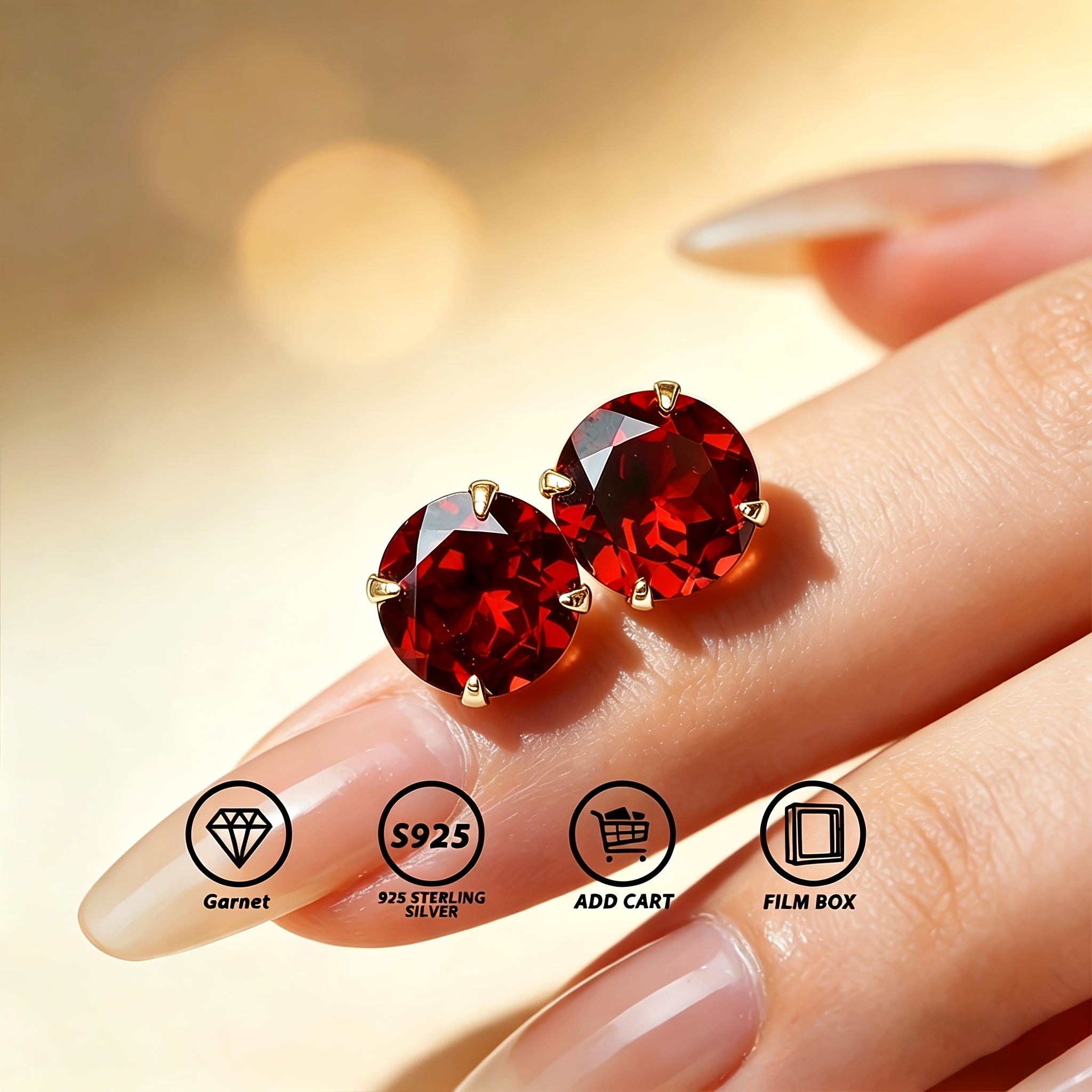 TEMU Natural Garnet S925 Sterling Silvery Stud Earrings, Hypoallergenic And Lightweight, Exquisitely Small And Delicate, Set With A 6/7mm Round