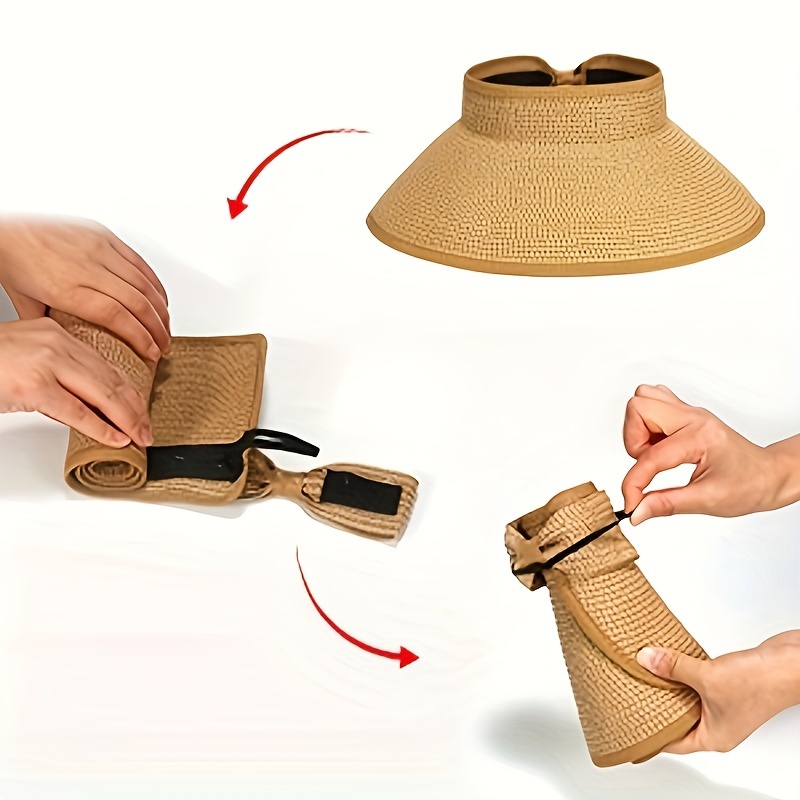 sun visor hats women wide brim straw roll ponytail hat - Temu display picture 1