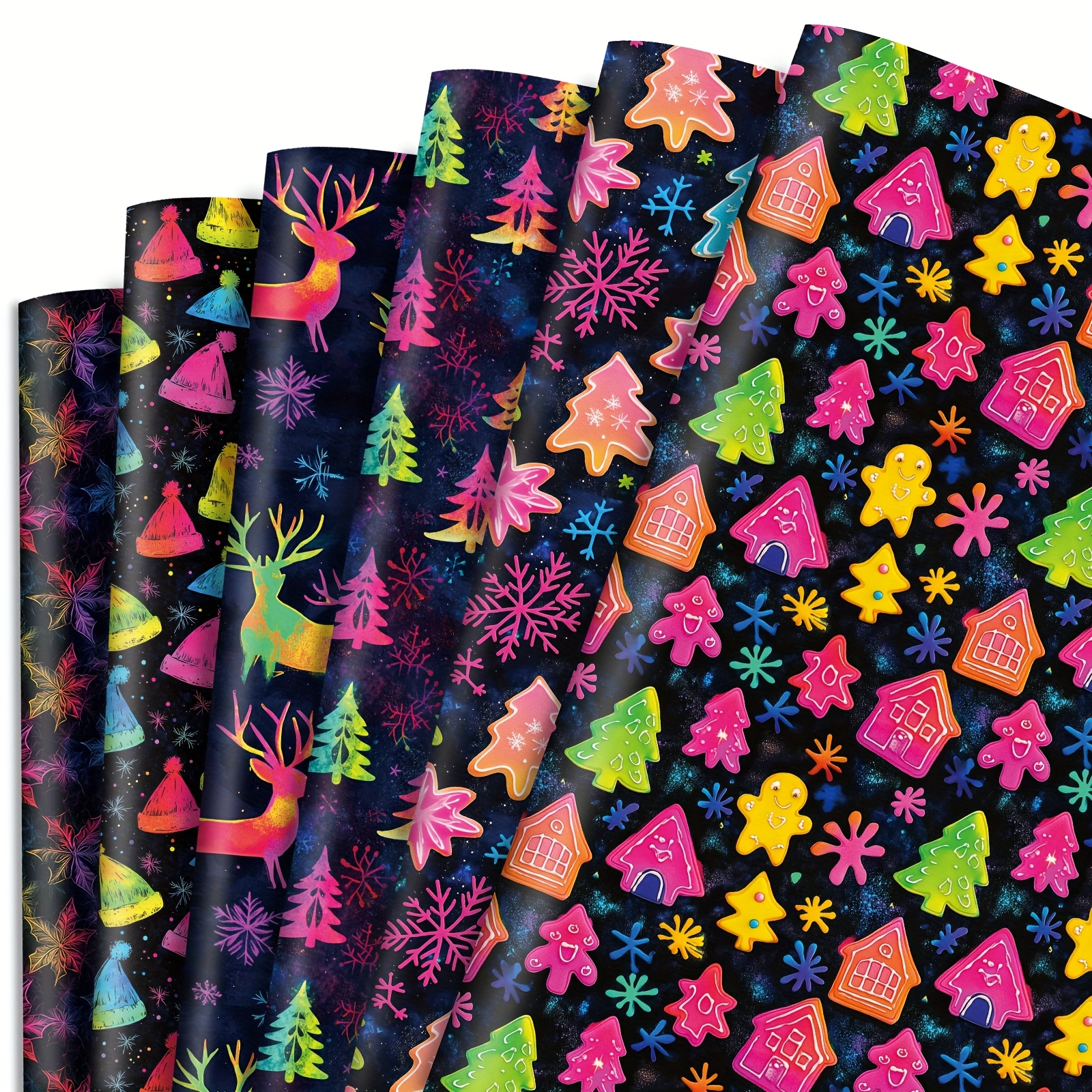 Image of 6pcs 20 X 28 Inch Neon Christmas Wrapping Paper Rainbow Reindeer Christmas Tree Snowflake Scene Gingerbread 6 Designs Xmas Folded Flat For Holiday Party Celebration