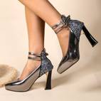 pointed toe ankle strap pumps women s sequins stitching high