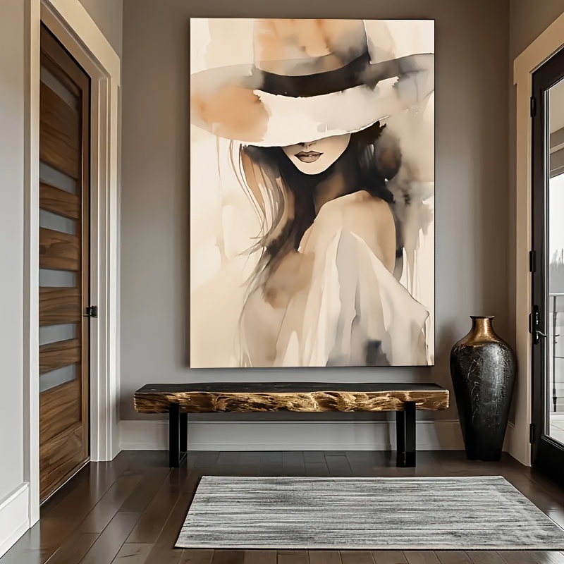 TEMU 2d Flat, 2d Flat, 1pc 2d Flat Artwork Featuring A Wooden Frame, Showcasing An Elegant Abstract Of A Lady Wearing A Black Hat And White Blouse.