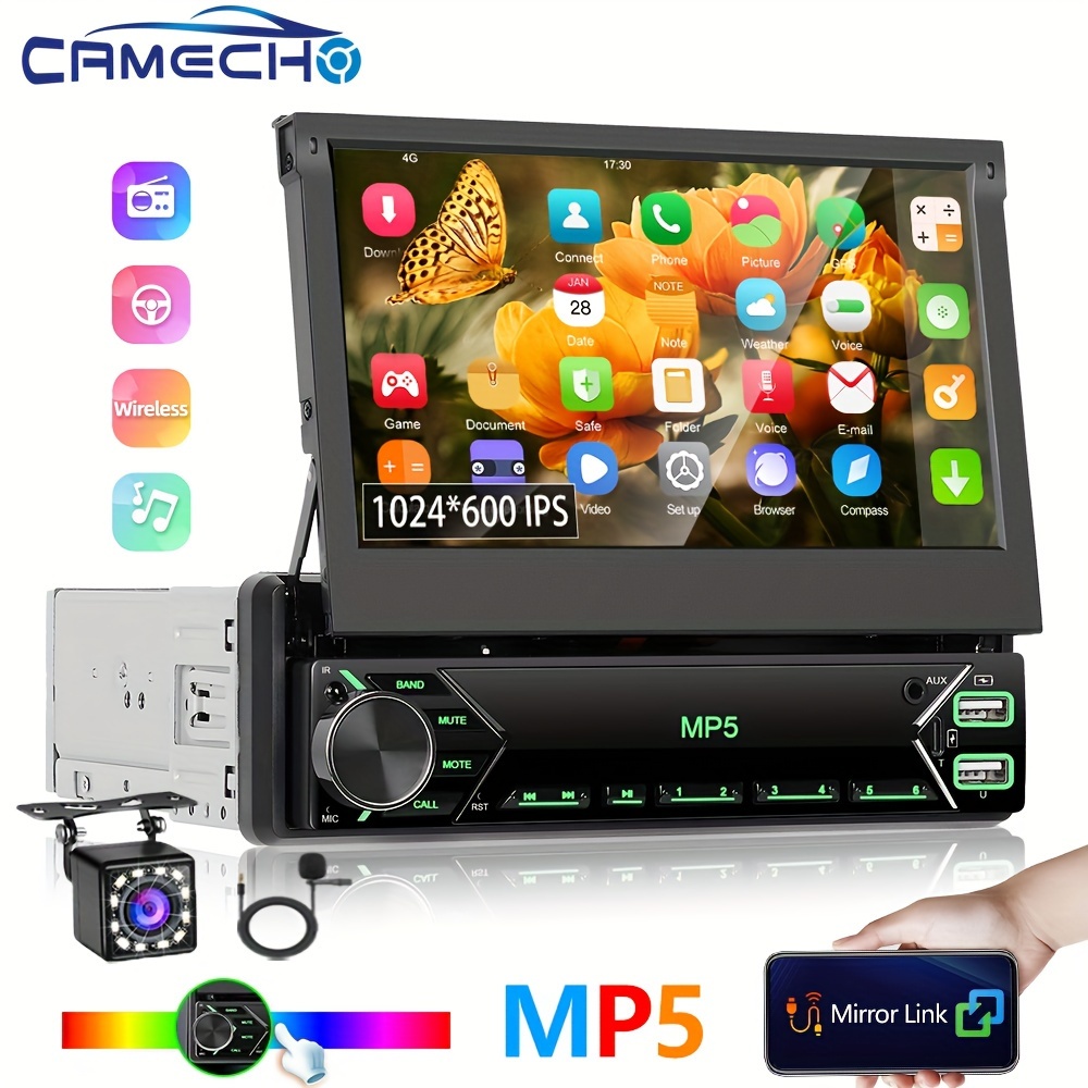 

Camecho 1din 7"ips Eq Manual Retractable Monitor Car Radio Universal Mp5 Stereo With Fm Radio Receiver With Rear View Camera +mic