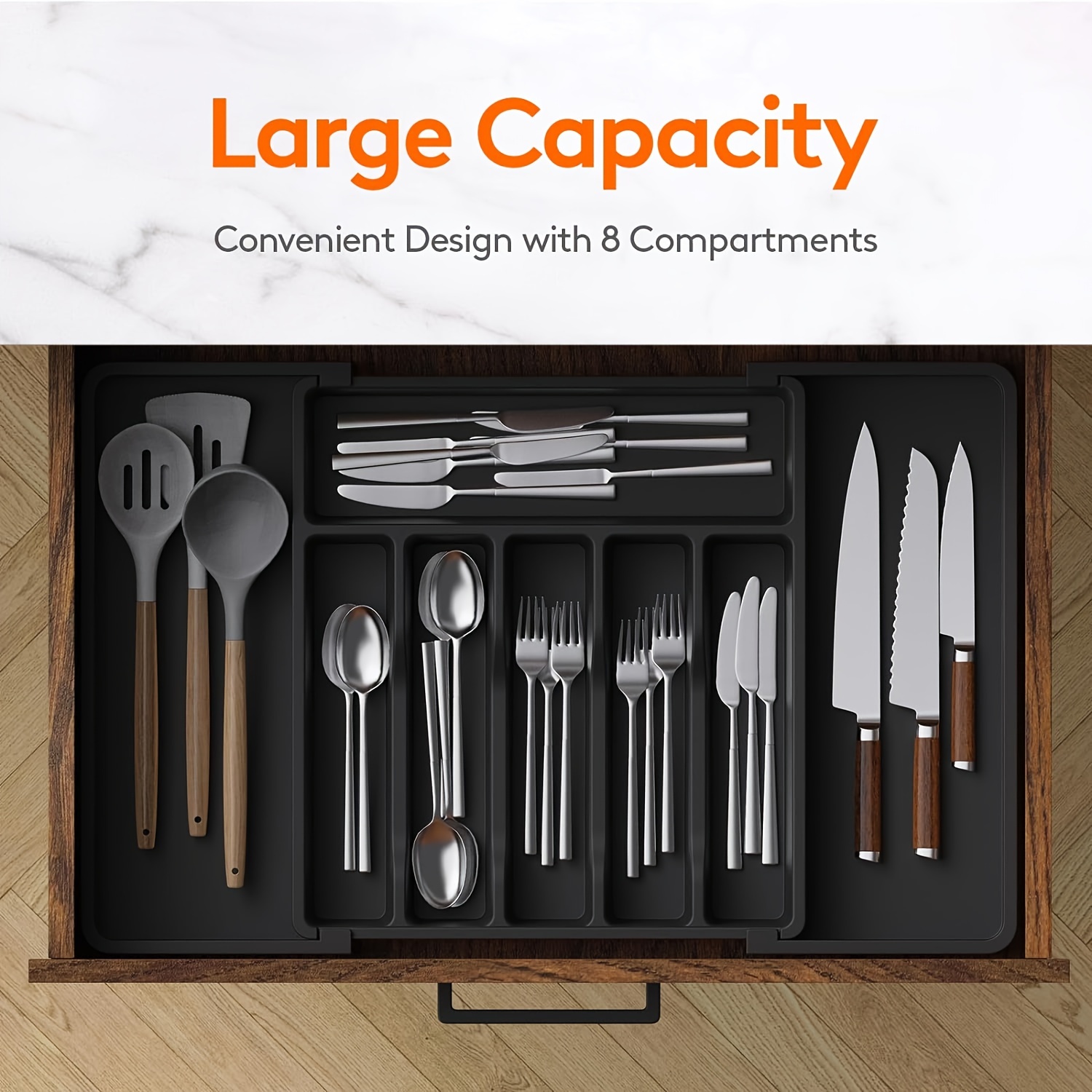 

Hapcre Expandable Flatware Organizer Tray, Plastic Cutlery And Utensil Drawer Insert With 8 Compartments, Adjustable Kitchen Storage Divider